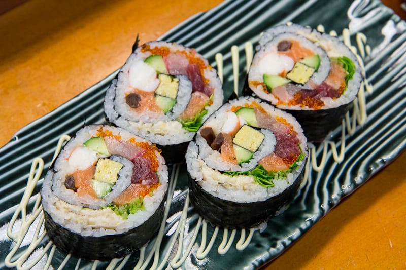 “Rainbow Roll”, a very thick futo maki with no less than 15 ingredients wrapped in sushi rice and dry seaweed