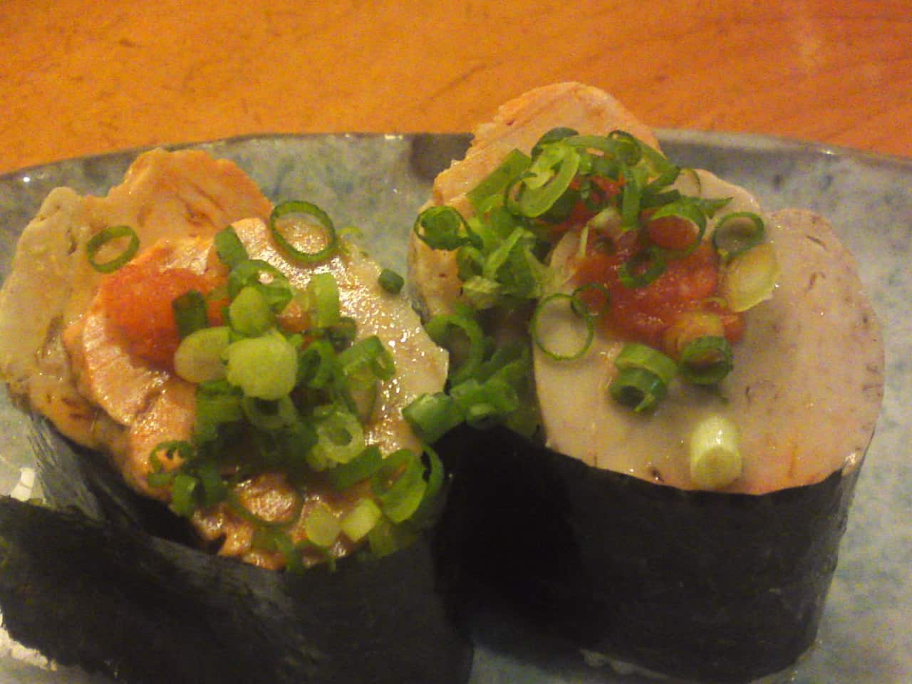 “Ankimo/Steamed monkfish liver in Japanese sake and preserved like a terrine” seasoned with momiji oroshi and chopped scallion! “Ankimo” is also called “Japanese foie gras”