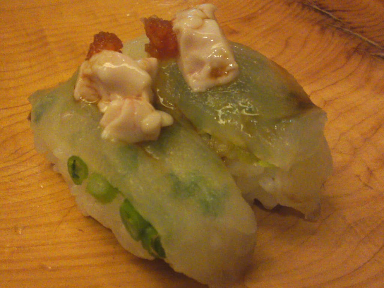 “Kawahagi/Filefish” nigiri topped with its raw liver