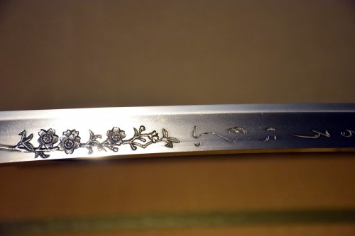 One of the swords at Bizen Osafune museum with engraved cherry blossoms