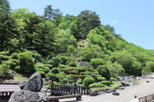 Scenery at Tamago-yu onsen . Can You See the Shinto Shrine? 