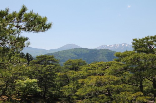 A Panoramic Mountain View from Jorakuen Japanese Garden, Fukushima, Japan.