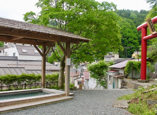 A Foot Bath Alongside a Shinto Shrine in Tsuchiyu onsen village, Fukushima, Japan
