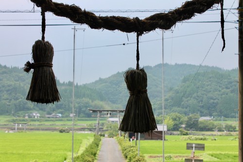 Shimenawa across the Shinto Shrine Entrance in Oita prefecture, Kyushu, Japan.