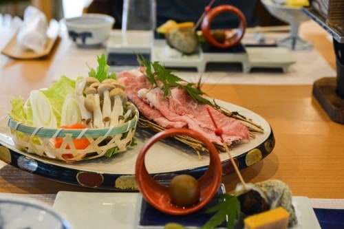 Shabu Shabu, the main dish for dinner at Mifuneyama Kanko Hotel, Saga prefecture, Kyushu. 