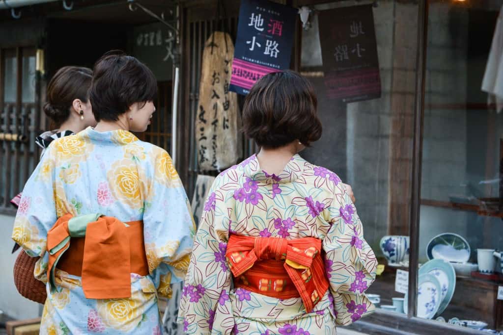 yukata wearing women in Imari, Japan