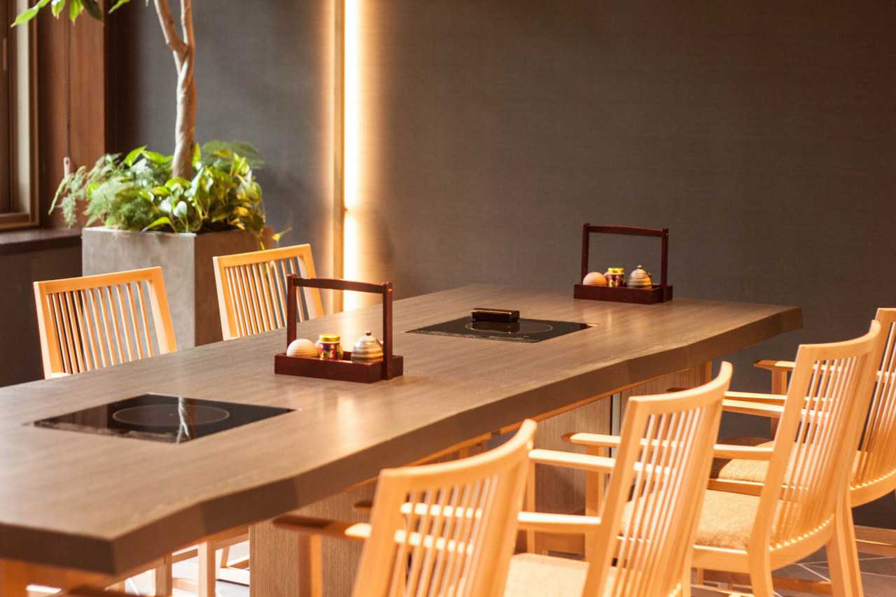 tables with a grill in the center