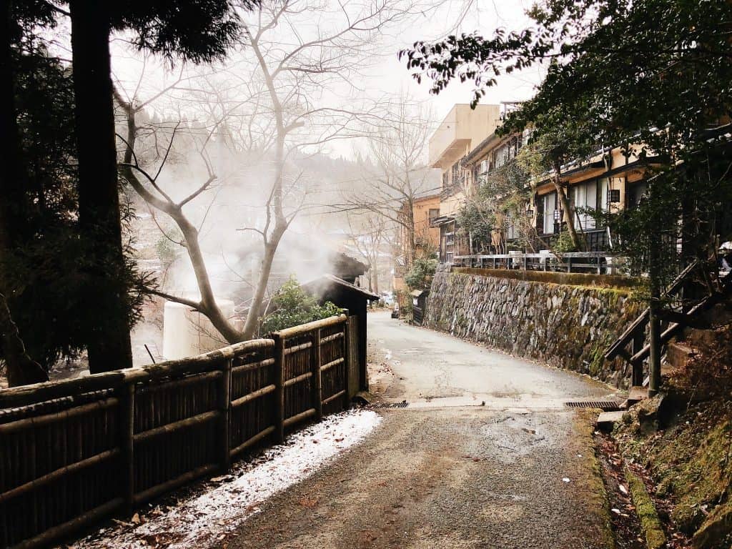 Hot water emerging from the river in Kurokaw Onsen 