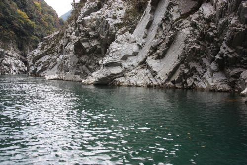 White cliffs of Oboke Gorge along the Yoshino River, Tokushima Prefecture.