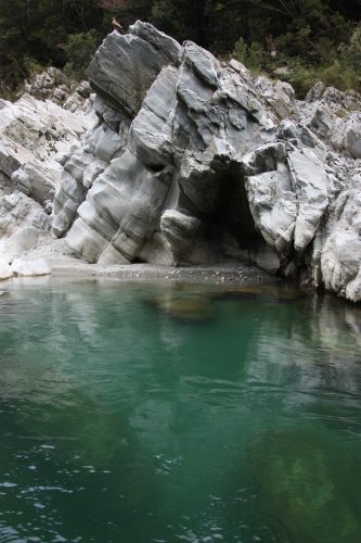White cliffs of Oboke Gorge along the Yoshino River on the island of Shikoku, Japan.