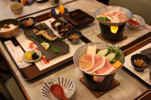 A meal of locally sourced ingredients at a restaurant at the Oboke Gorge in Tokushima Prefecture.