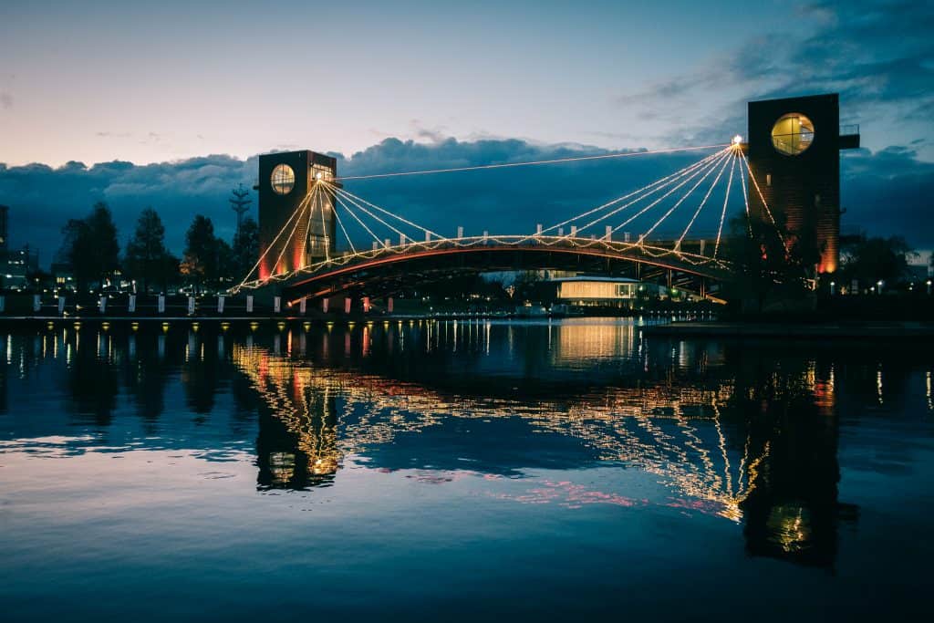 Kansui Park Bridge in Toyama City at dusk.