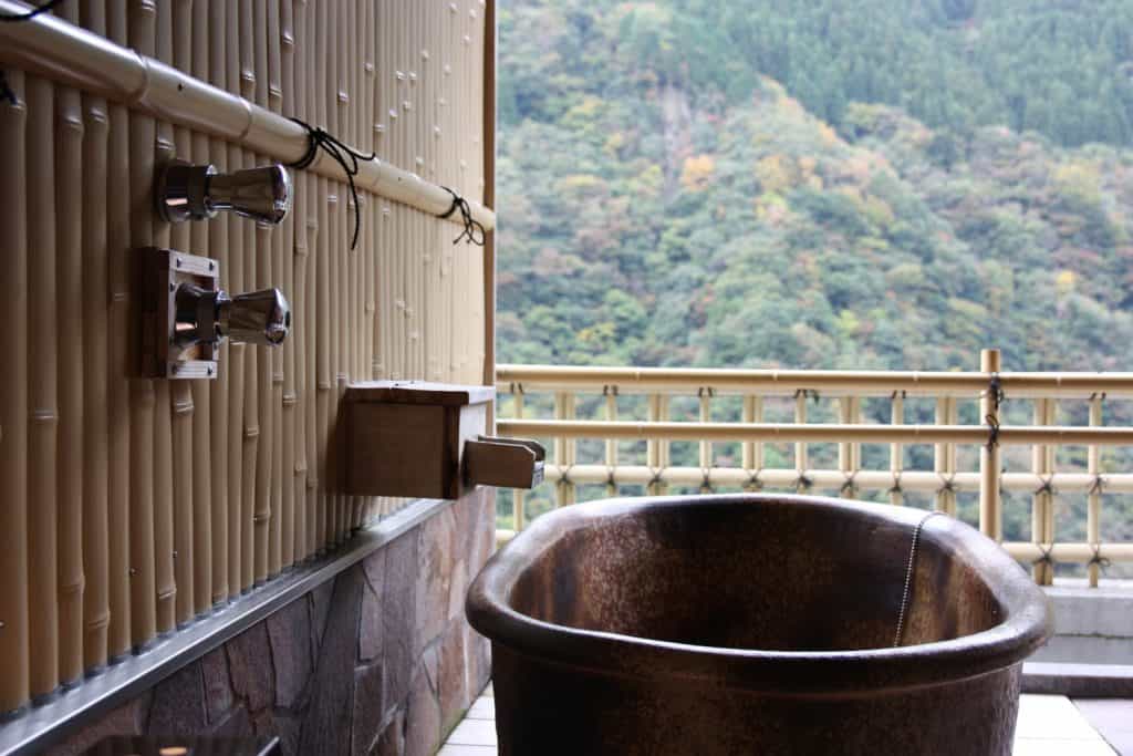 An onsen bath tub at Iya Onsen Hotel, Tokushima.