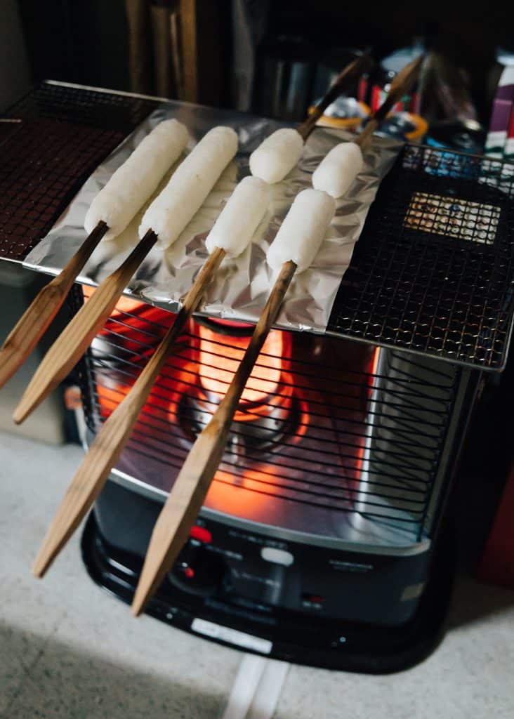 Making homemade kiritanpo at Lodge Yodel ,Akita, Tohoku, Japan.