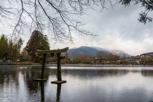 Tenso Shrine torii on Kinrin Lake in Yufu.
