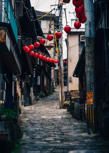 Main traditional street of Yunohira Onsen, Oita Prefecture, Kyushu