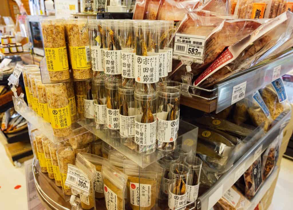 Dried bonito (katsuo) for sale in a shop