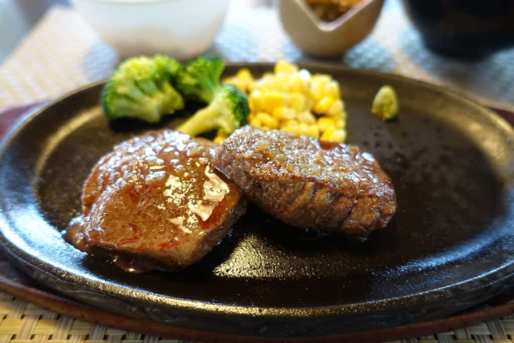 A lunch meal with wagyu beef at Nogami restaurant in Takachiho.