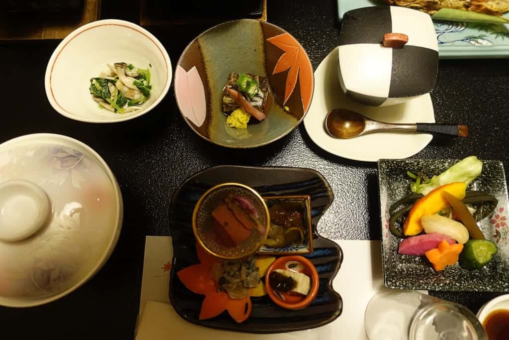 Traditional Japanese kaiseki cuisine served in the ryokan Yunoyado Motoyu club