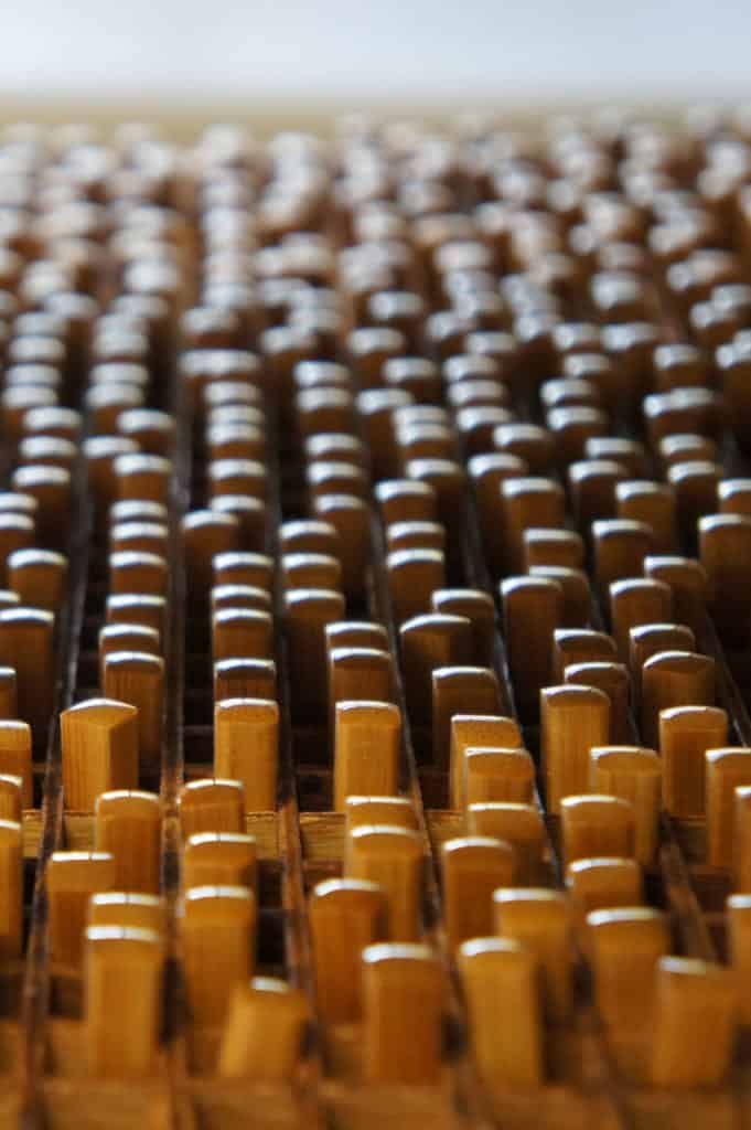 Bamboo chopsticks freshly coated, drying