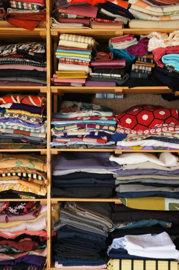 Antic kimonos on the shelves of Kimono Otome in Yamaga