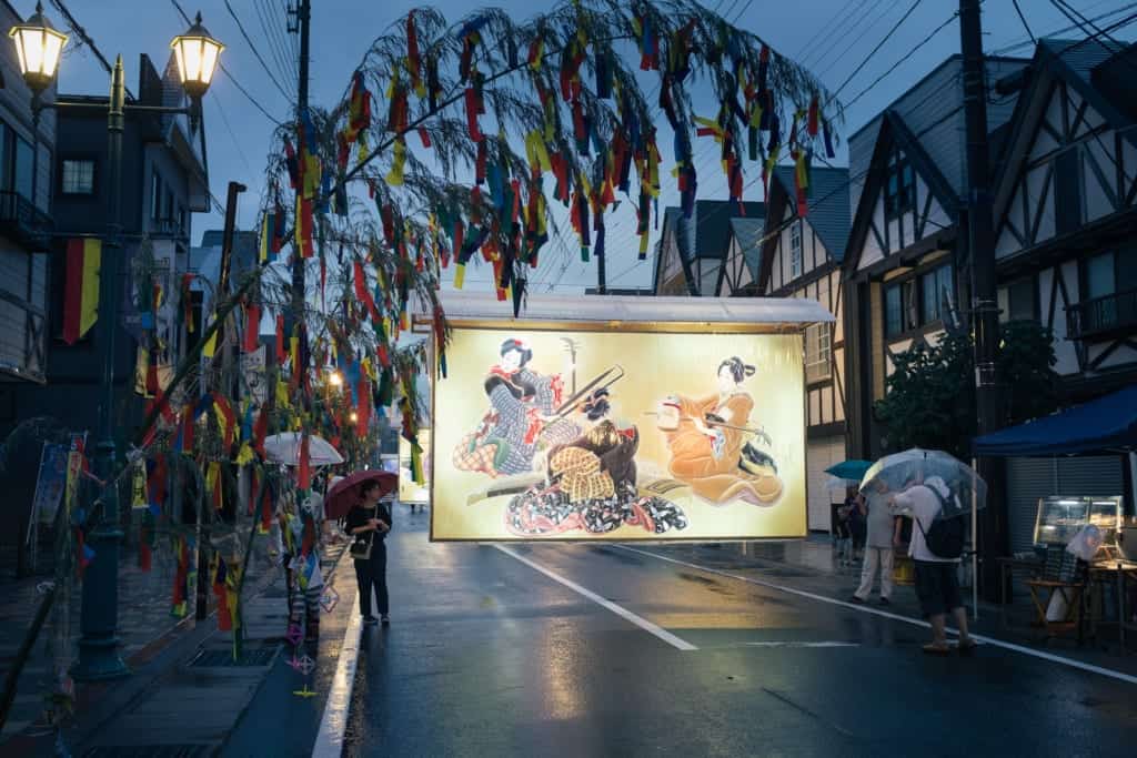 Large hand-painted lantern in the streets of Yuzawa during the Tanabata festival