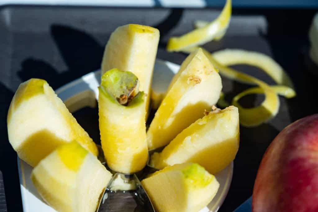 Slicing a fresh Nagano apple from the orchard