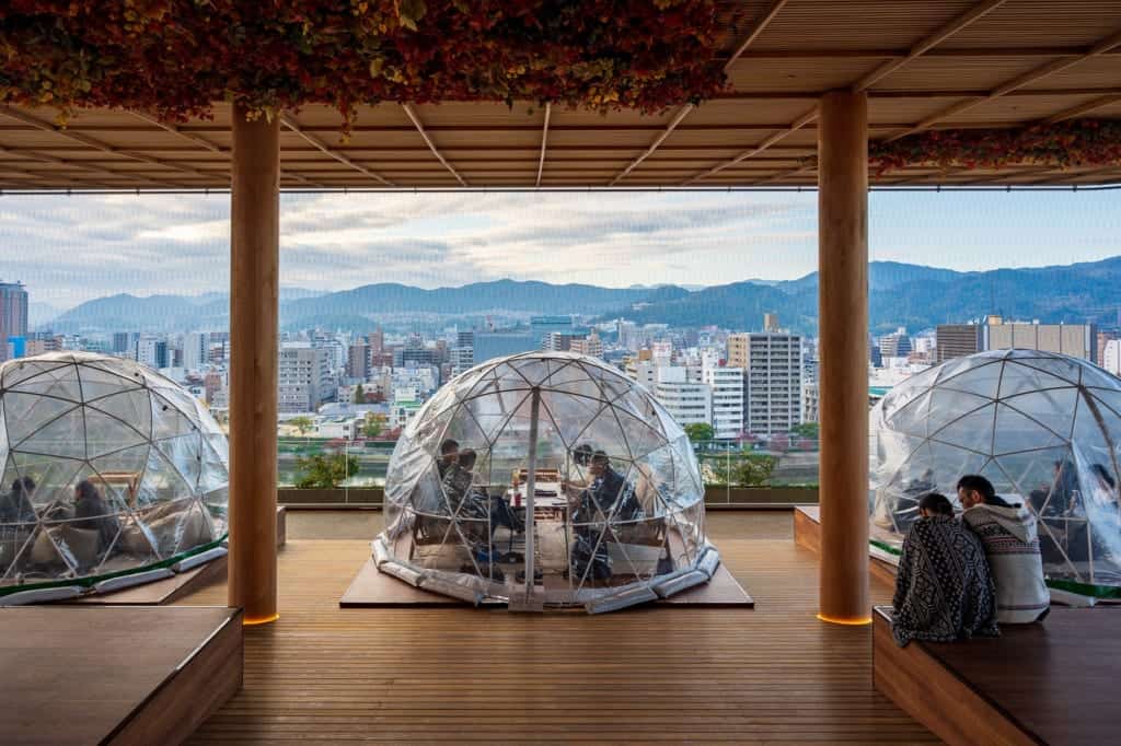 Plastic domes on the observation deck of Orizuru Tower