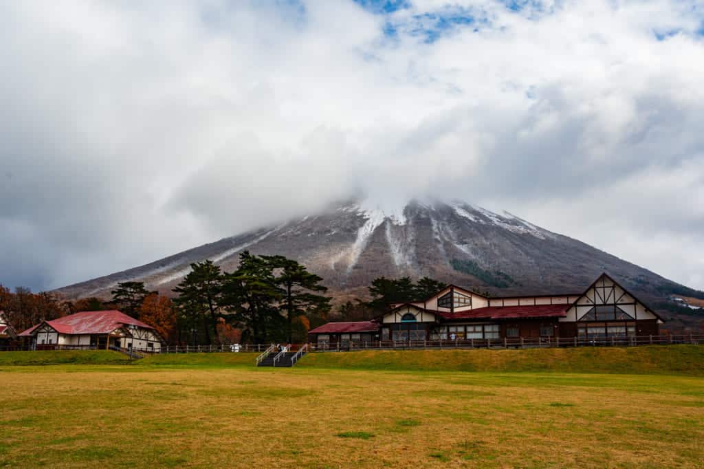 cloudy sky with mt. daisen view and buildings
