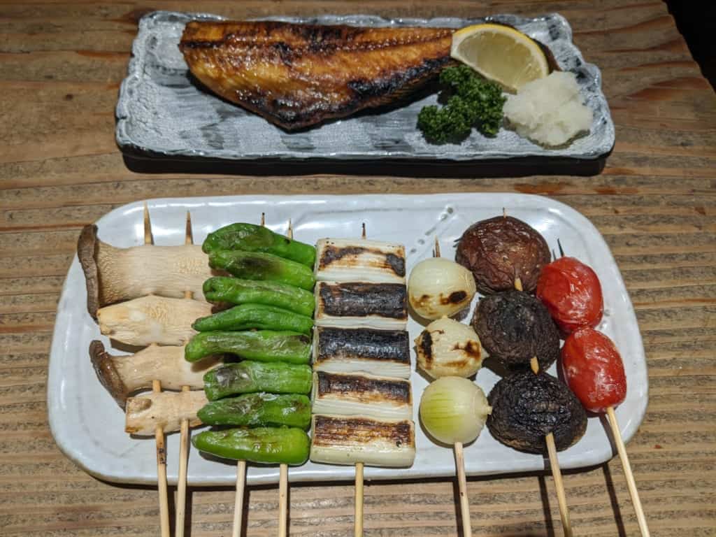 Grilled Vegetables and Fish at a Japanese Izakaya