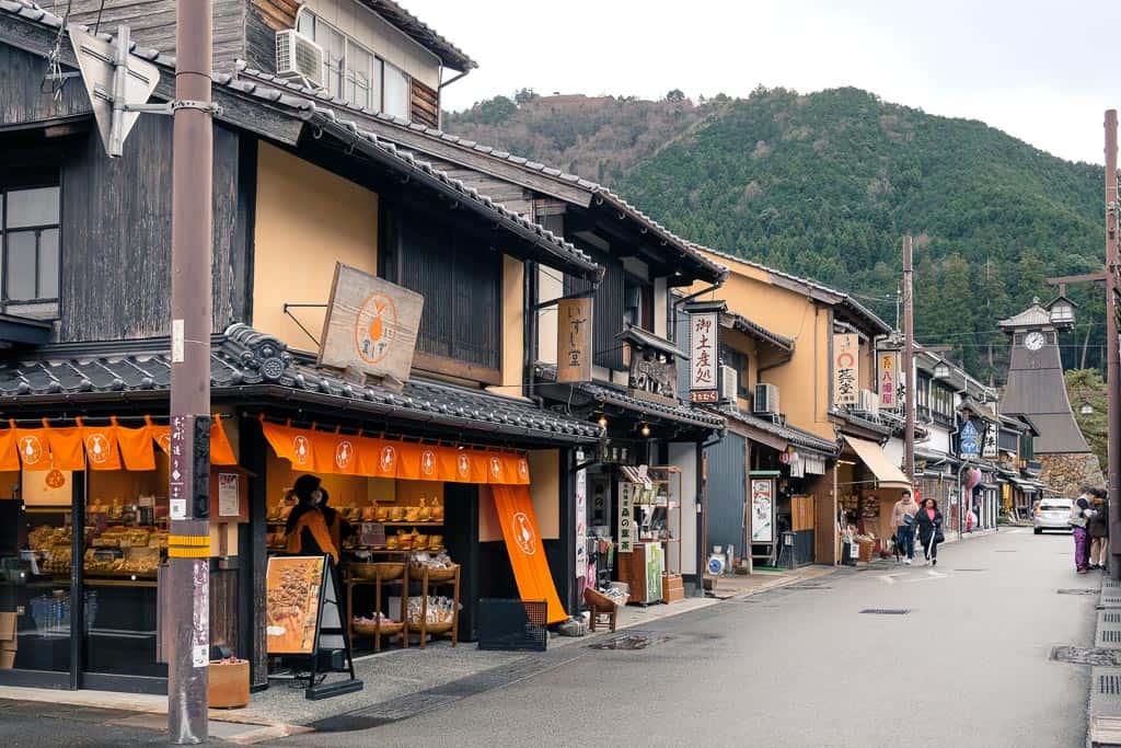 Japanese street markets and stores on shopping street at Izushi Castle Town, Japan