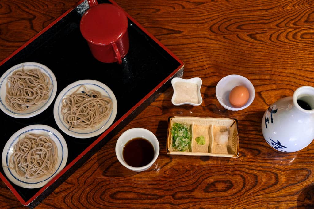 traditional Japanese Soba Buckwheat noodles in Izushi Castle town in Hyogo, Japan