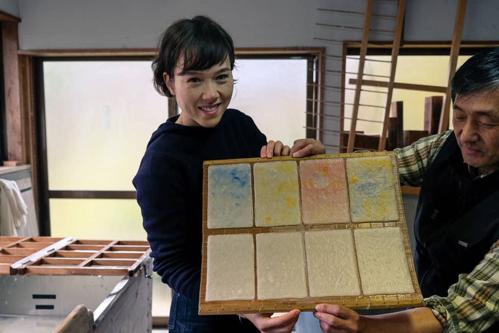 Mika's Kurotani washi paper while visiting workshop in Japan