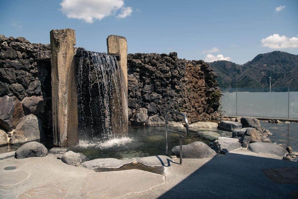 outdoor bath at one of 7 public onsen hot springs in Kinosaki Onsen, Japan
