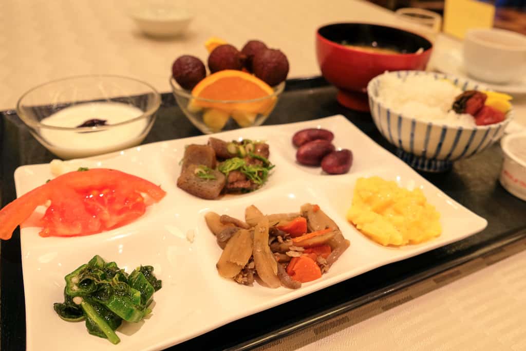 breakfast plate at Nishimuraya Hotel Shogetsutei, a luxury hotel in Kinosaki, Japan