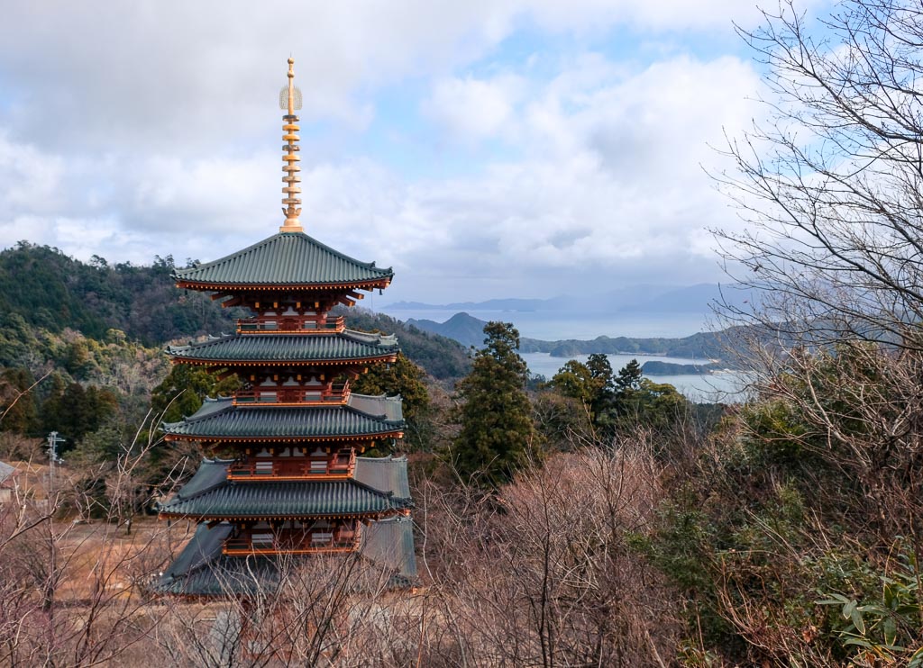pagoda with a view of amanohashidate bay area