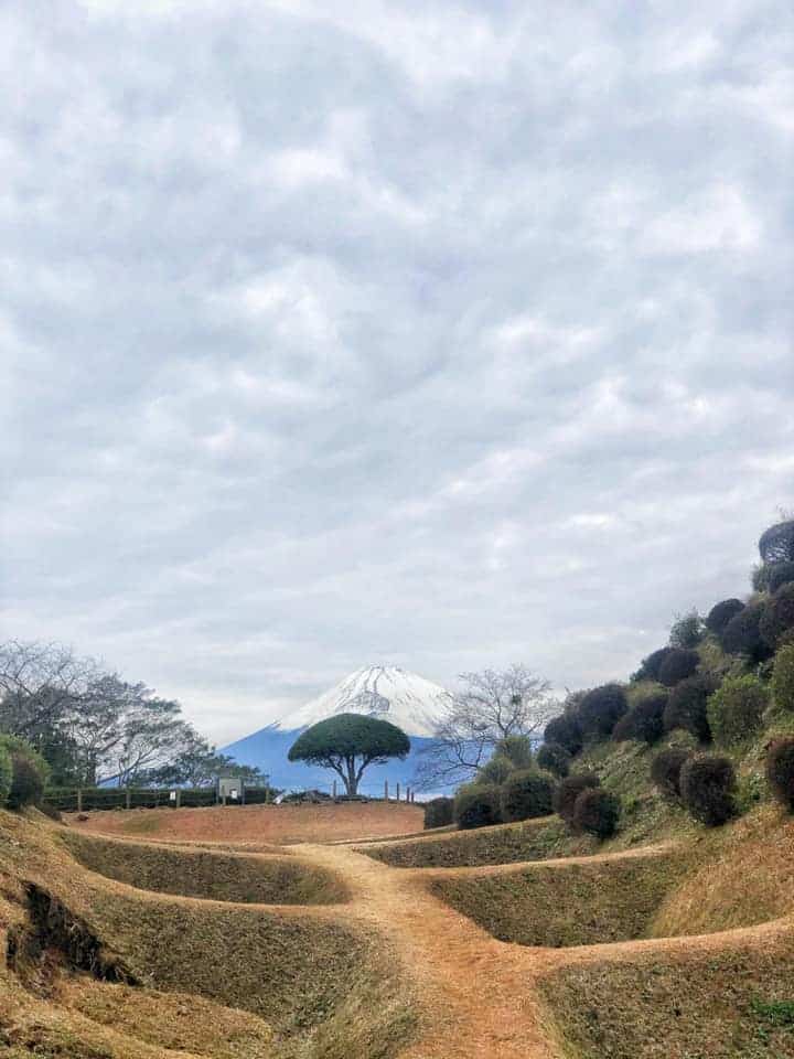 Mt Fuji and the remaining earthern moats of Yamanaka castle along Hakone Hachiri on the Tokaido Road