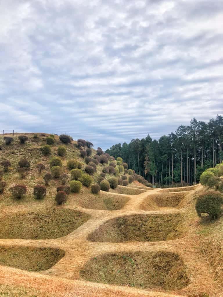 The waffle like moats dug out of the grounds of Yamanaka castle along Hakone Hachiri on the Tokaido Road