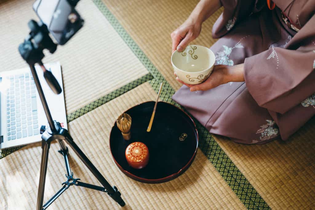 tea instructor explaining how to make matcha during an online tea ceremony