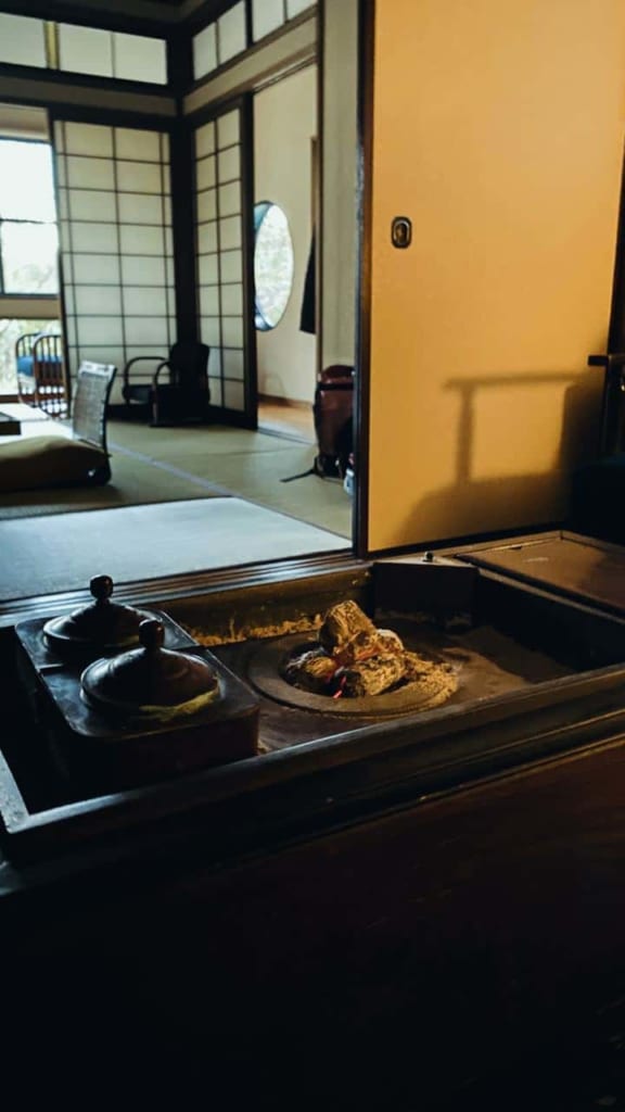 The brazier of the anteroom in the ryokan, Hita, Oita, Japan.