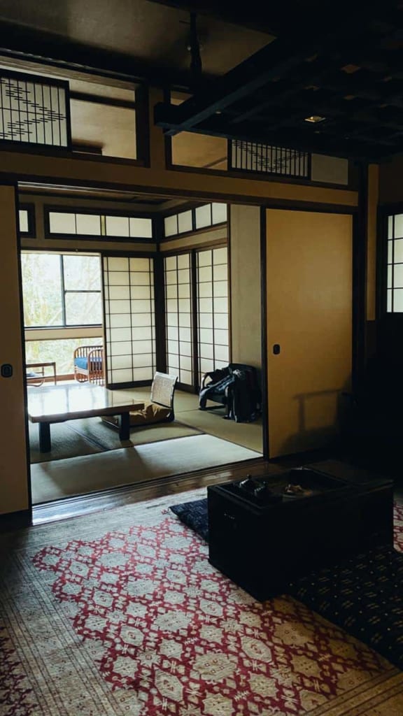 The views of the main room from the anteroom in the ryokan, Hita, Oita, Japan.