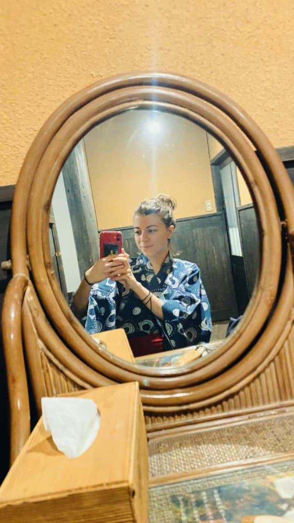 Me in front of the mirror of the public onsen.