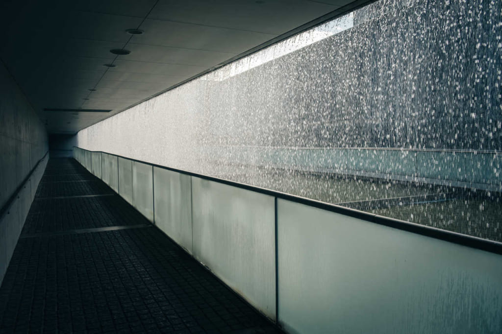 Cascade wall at the Osaka Sayamaike Prefecture Museum designed by Tadao Ando