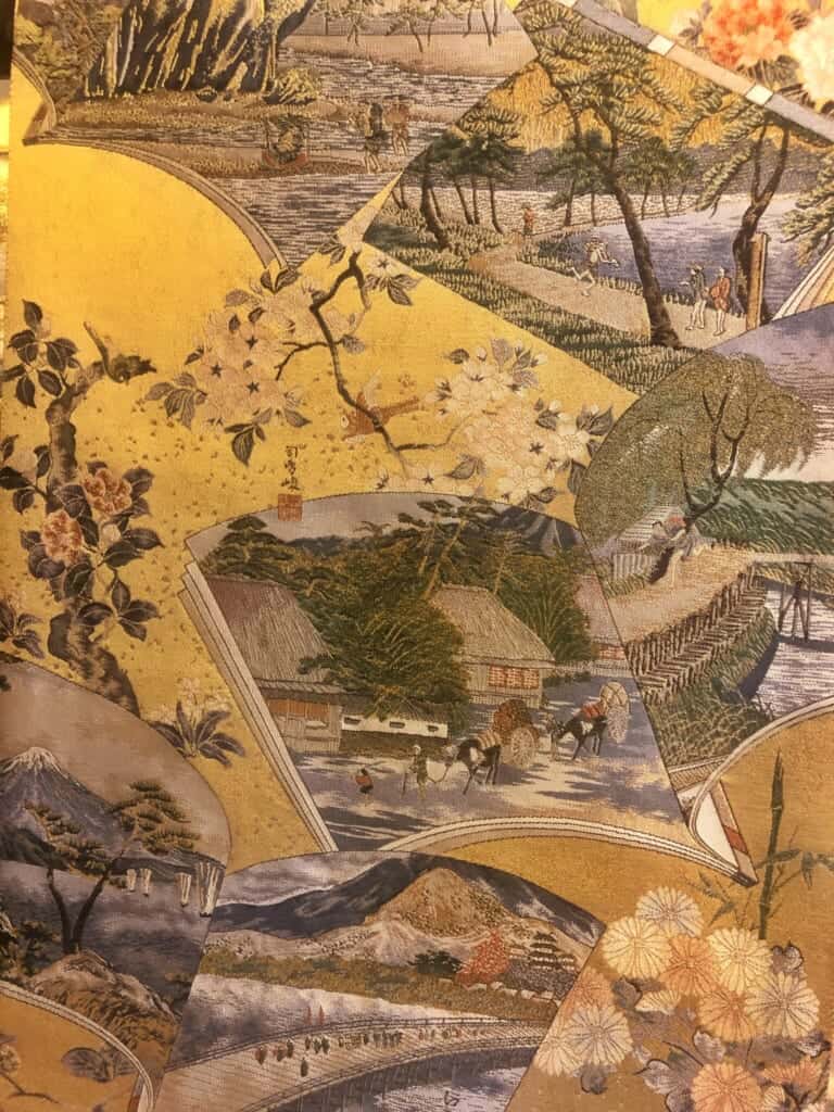 Vintage obi depicting scenes of Hiroshige Utagawa's 53 Stations of the Tokaido