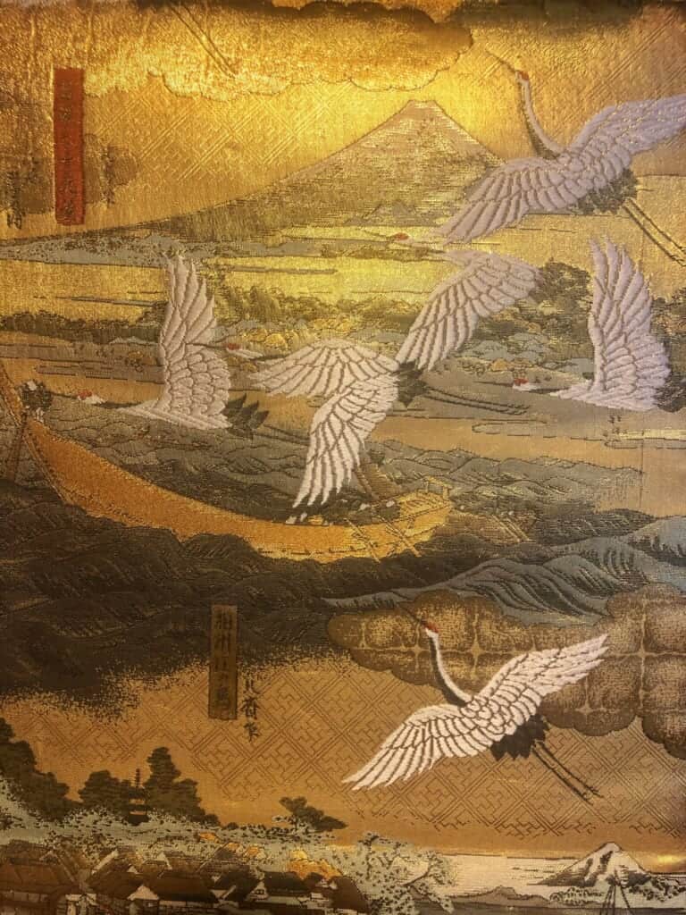 Vintage obi depicting scenes of Hiroshige Utagawa's 53 Stations of the Tokaido