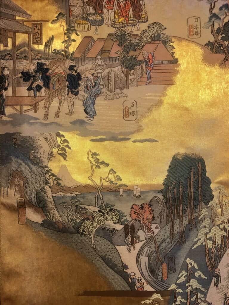 Vintage obi depicting scenes of Hiroshige Utagawa's 53 Stations of the Tokaido