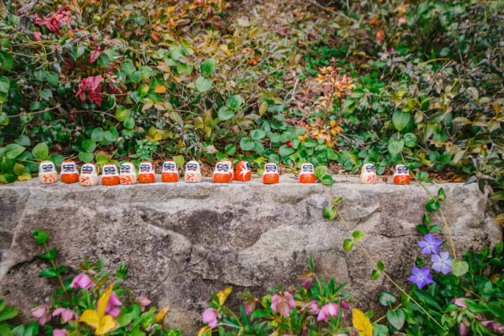 sixteen daruma among flowers and nature
