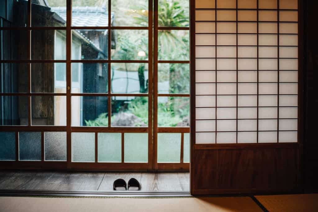 Glass doors of Ojika Island Guesthouse, Yanoya kominka (old-style Japanese house)