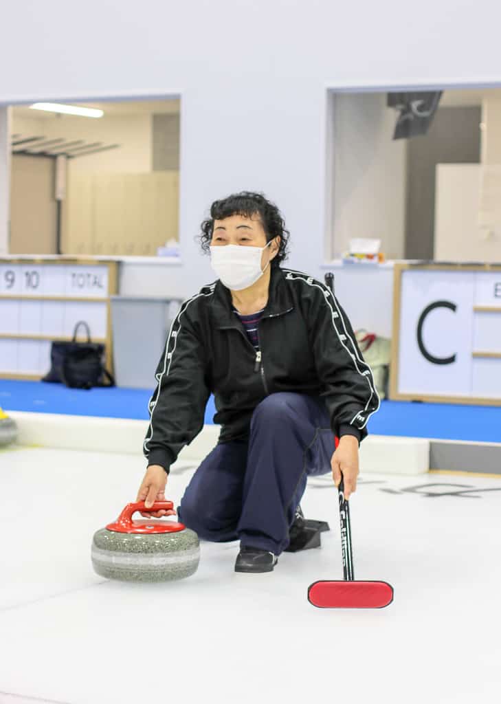 Mrs Miyajima curling at Wakkanai Midori Sports Park on Wakkanai, Hokkaido