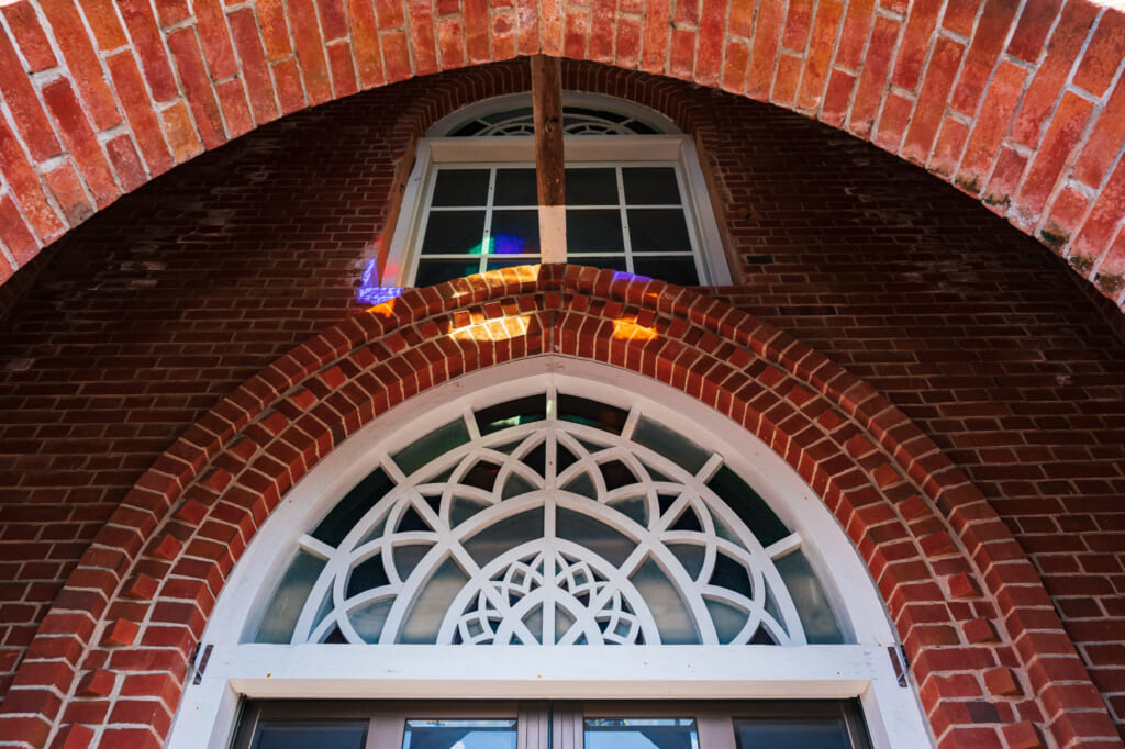 stained glass reflection at kusahara church goto island